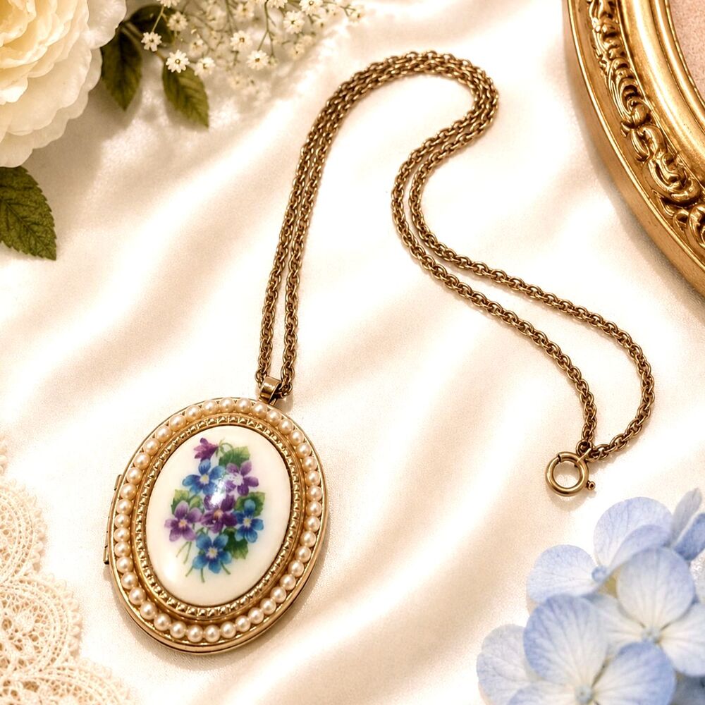 Vintage Avon Porcelain Floral Locket Necklace Faux Pearl Gold Tone